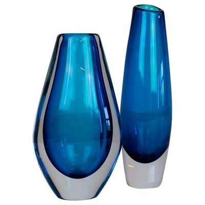 Mid-Century Heavy Crystal Clear Blue Vases by Sven Palmqvist for Orrefors, Set of 2-UYK-975408