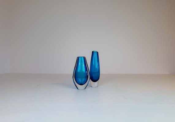 Mid-Century Heavy Crystal Clear Blue Vases by Sven Palmqvist for Orrefors, Set of 2-UYK-975408