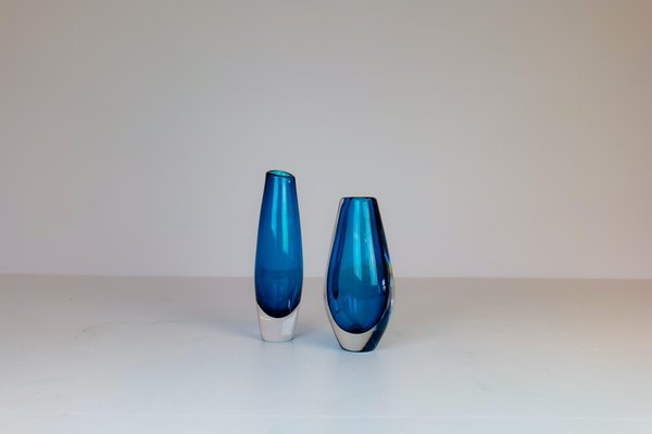 Mid-Century Heavy Crystal Clear Blue Vases by Sven Palmqvist for Orrefors, Set of 2-UYK-975408