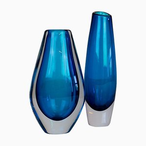 Mid-Century Heavy Crystal Clear Blue Vases by Sven Palmqvist for Orrefors, Set of 2-UYK-975408