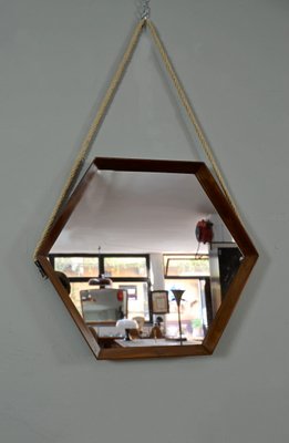 Mid-Century Hexagonal Mirror in Teak, Italy, 1960s-QZZ-984304