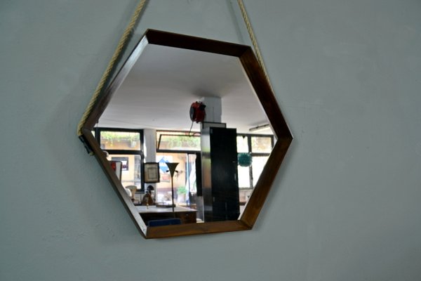 Mid-Century Hexagonal Mirror in Teak, Italy, 1960s-QZZ-984304