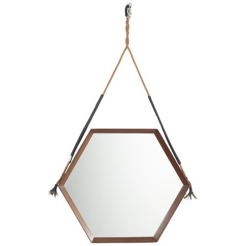 Mid-Century Hexagonal Teak Wall Mirror with Rope in the style of D. Cavalli, Italy, 1960s