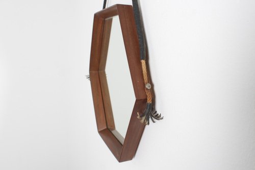 Mid-Century Hexagonal Teak Wall Mirror with Rope in the style of D. Cavalli, Italy, 1960s