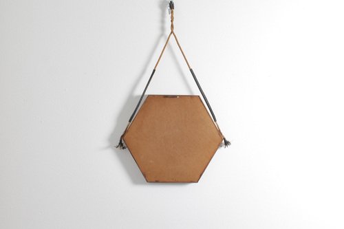 Mid-Century Hexagonal Teak Wall Mirror with Rope in the style of D. Cavalli, Italy, 1960s