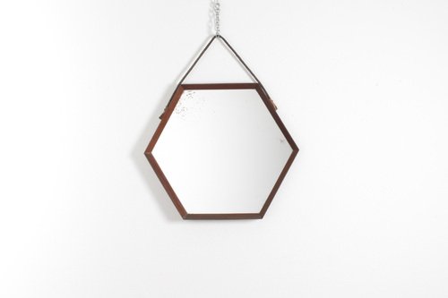 Mid-Century Hexagonal Teak Wall Mirror with Rope in the style of D. Cavalli, Italy, 1960s