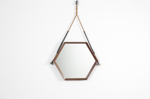 Mid-Century Hexagonal Teak Wall Mirror with Rope in the style of D. Cavalli, Italy, 1960s