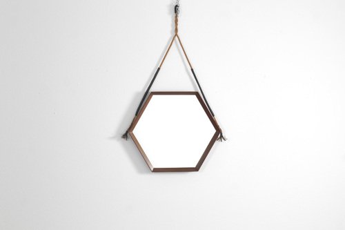 Mid-Century Hexagonal Teak Wall Mirror with Rope in the style of D. Cavalli, Italy, 1960s