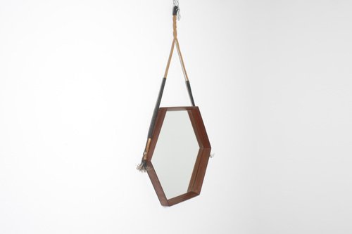 Mid-Century Hexagonal Teak Wall Mirror with Rope in the style of D. Cavalli, Italy, 1960s