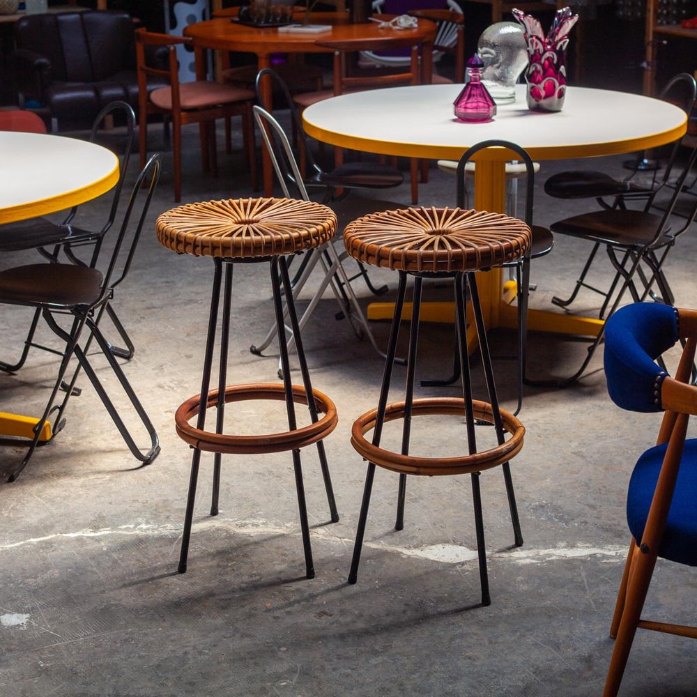 Mid-Century High Bar Stools in Metal and Rattan by Dirk van Sliedregt for Rohé Noordwolde, 1950s, Set of 2