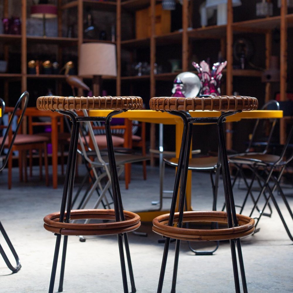 Mid-Century High Bar Stools in Metal and Rattan by Dirk van Sliedregt for Rohé Noordwolde, 1950s, Set of 2