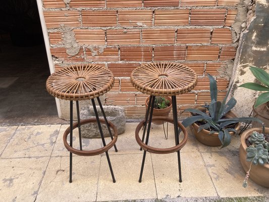 Mid-Century High Bar Stools in Metal and Rattan by Dirk van Sliedregt for Rohé Noordwolde, 1950s, Set of 2-QVY-1795837