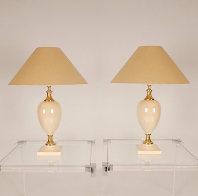 Mid-Century Hollywood Regency Gold Brass & Beige Table Lamps, 1970s, Set of 2-GOE-1351158