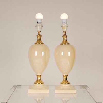 Mid-Century Hollywood Regency Gold Brass & Beige Table Lamps, 1970s, Set of 2-GOE-1351158