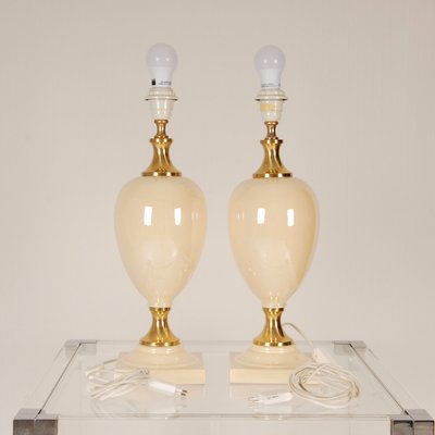 Mid-Century Hollywood Regency Gold Brass & Beige Table Lamps, 1970s, Set of 2-GOE-1351158