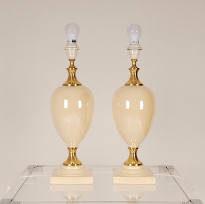 Mid-Century Hollywood Regency Gold Brass & Beige Table Lamps, 1970s, Set of 2-GOE-1351158