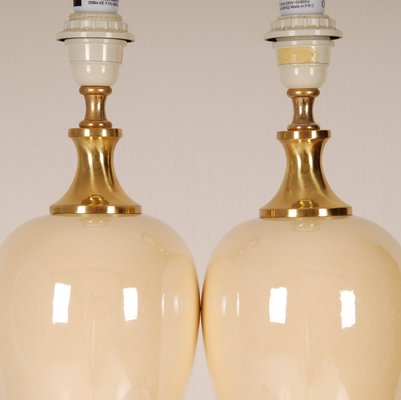 Mid-Century Hollywood Regency Gold Brass & Beige Table Lamps, 1970s, Set of 2-GOE-1351158