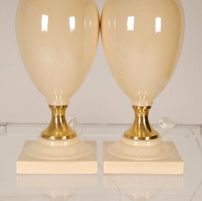 Mid-Century Hollywood Regency Gold Brass & Beige Table Lamps, 1970s, Set of 2-GOE-1351158