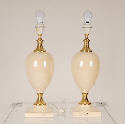 Mid-Century Hollywood Regency Gold Brass & Beige Table Lamps, 1970s, Set of 2-GOE-1351158