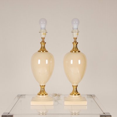 Mid-Century Hollywood Regency Gold Brass & Beige Table Lamps, 1970s, Set of 2-GOE-1351158