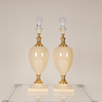 Mid-Century Hollywood Regency Gold Brass & Beige Table Lamps, 1970s, Set of 2-GOE-1351158