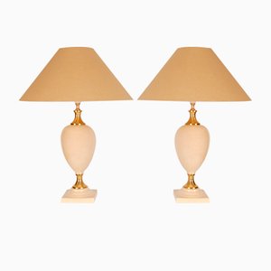 Mid-Century Hollywood Regency Gold Brass & Beige Table Lamps, 1970s, Set of 2-GOE-1351158