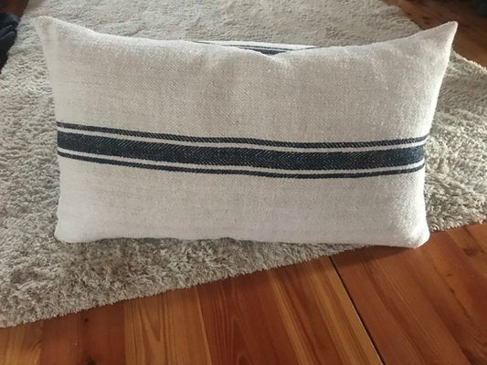 Mid-Century Hungarian Grain Sack & Linen Pillows with Navy Stripe, Set of 2-OXJ-865080