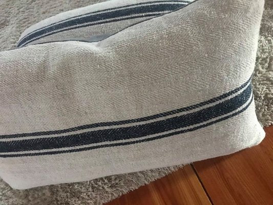 Mid-Century Hungarian Grain Sack & Linen Pillows with Navy Stripe, Set of 2-OXJ-865080