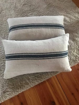 Mid-Century Hungarian Grain Sack & Linen Pillows with Navy Stripe, Set of 2-OXJ-865080