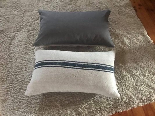 Mid-Century Hungarian Grain Sack & Linen Pillows with Navy Stripe, Set of 2-OXJ-865080