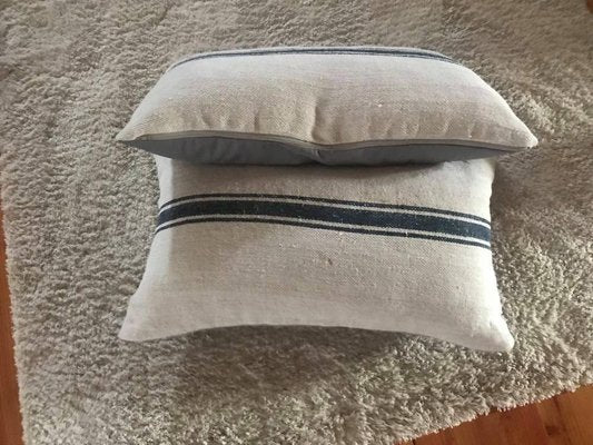 Mid-Century Hungarian Grain Sack & Linen Pillows with Navy Stripe, Set of 2-OXJ-865080