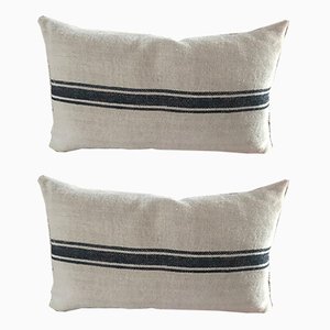 Mid-Century Hungarian Grain Sack & Linen Pillows with Navy Stripe, Set of 2-OXJ-865080