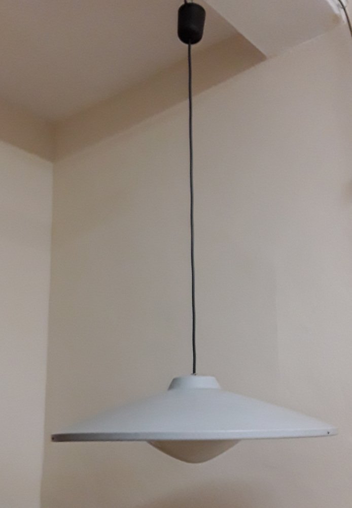 Mid-Century Industrial Ceiling Lamp with Gray Metal Frame and a White Opaque Glass Shade, 1960s