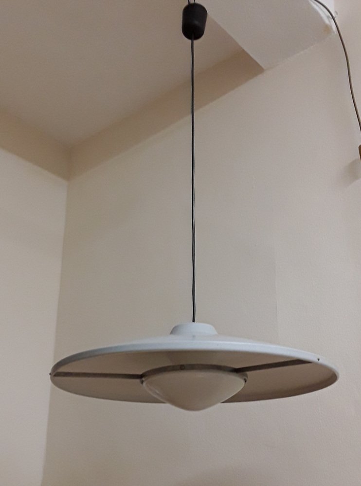 Mid-Century Industrial Ceiling Lamp with Gray Metal Frame and a White Opaque Glass Shade, 1960s