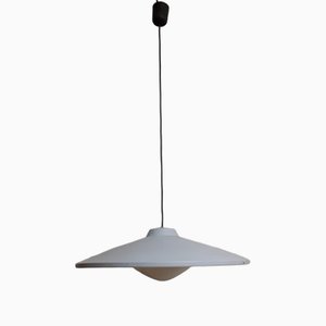 Mid-Century Industrial Ceiling Lamp with Gray Metal Frame and a White Opaque Glass Shade, 1960s-HOI-1721045