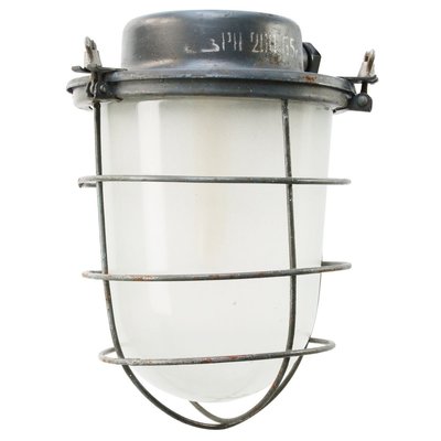 Mid-Century Industrial Gray Metal & Frosted Glass Pendant Lamp-BLS-891475