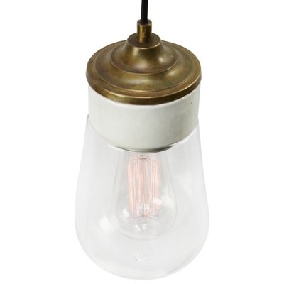 Mid-Century Industrial White Porcelain, Clear Glass, and Brass Pendant Lamp-BLS-569053