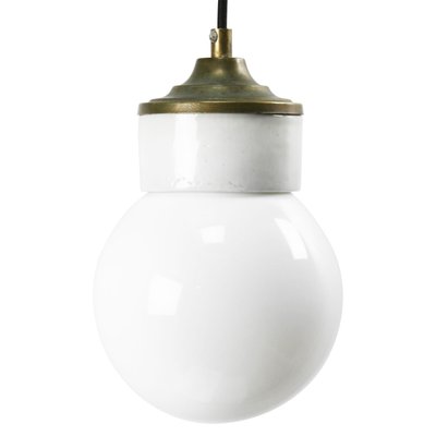 Mid-Century Industrial White Porcelain, Opaline Glass, and Brass Pendant Lamp-BLS-572164