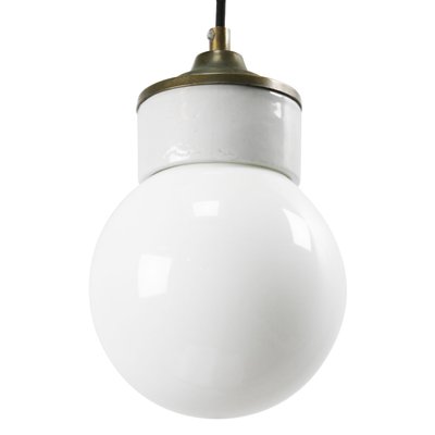 Mid-Century Industrial White Porcelain, Opaline Glass, and Brass Pendant Lamp-BLS-572164