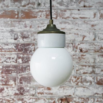 Mid-Century Industrial White Porcelain, Opaline Glass, and Brass Pendant Lamp-BLS-572164