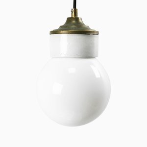 Mid-Century Industrial White Porcelain, Opaline Glass, and Brass Pendant Lamp-BLS-572164