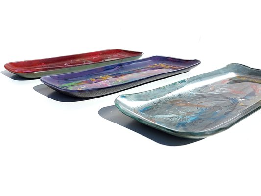 Mid-Century Italian Abstract Paint Curved Crystal 3 Plates by Erwin Burger, 1950s, Set of 3-KGD-1126460