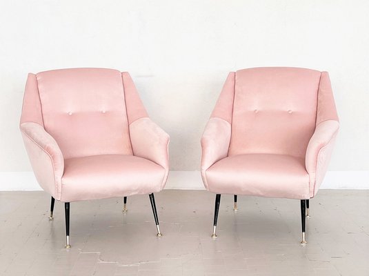 Mid-Century Italian Armchairs in Soft Pink Velvet with Brass Tips, 1950s, Set of 2-VNE-1264660