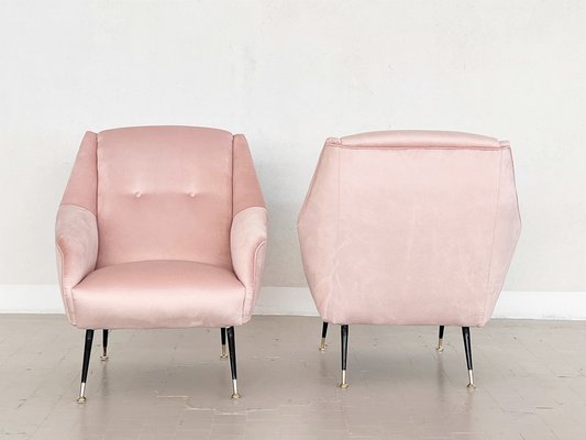 Mid-Century Italian Armchairs in Soft Pink Velvet with Brass Tips, 1950s, Set of 2-VNE-1264660