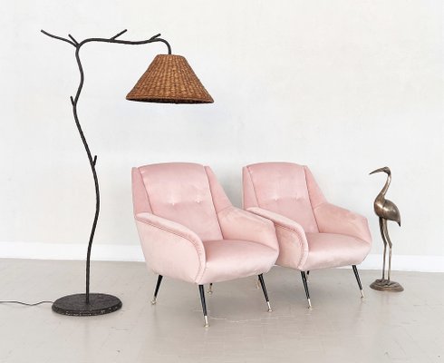 Mid-Century Italian Armchairs in Soft Pink Velvet with Brass Tips, 1950s, Set of 2-VNE-1264660