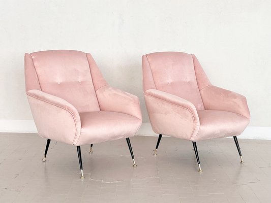 Mid-Century Italian Armchairs in Soft Pink Velvet with Brass Tips, 1950s, Set of 2-VNE-1264660