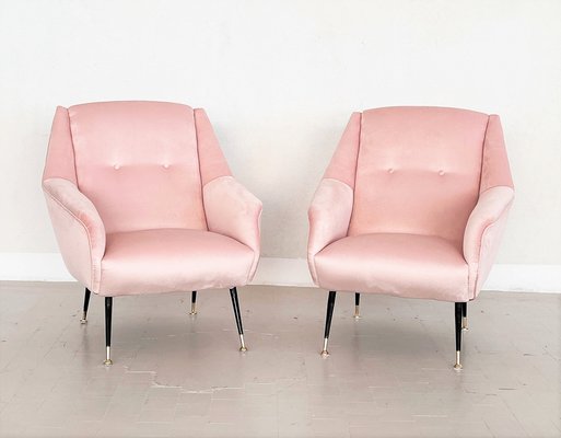 Mid-Century Italian Armchairs in Soft Pink Velvet with Brass Tips, 1950s, Set of 2-VNE-1264660