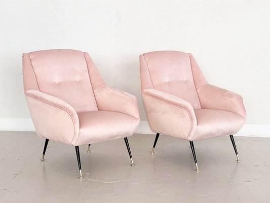 Mid-Century Italian Armchairs in Soft Pink Velvet with Brass Tips, 1950s, Set of 2-VNE-1264660