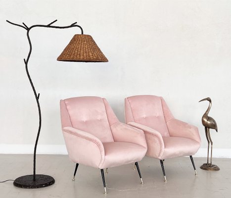 Mid-Century Italian Armchairs in Soft Pink Velvet with Brass Tips, 1950s, Set of 2-VNE-1264660