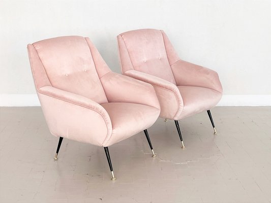 Mid-Century Italian Armchairs in Soft Pink Velvet with Brass Tips, 1950s, Set of 2-VNE-1264660